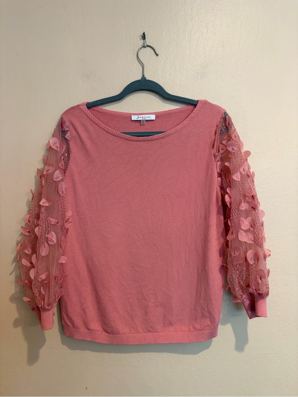 Sioni Milano Blush Pink Blouse w/ Puff Organza Sleeves, Sequins & Appliques